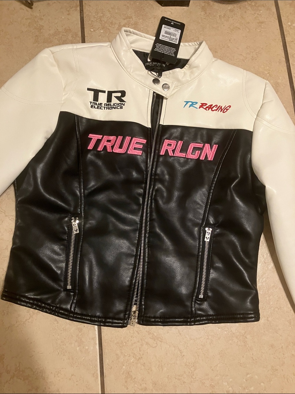 True Religion Black & White Kids Racing Faux-Leather Jacket with Pink Embroidery